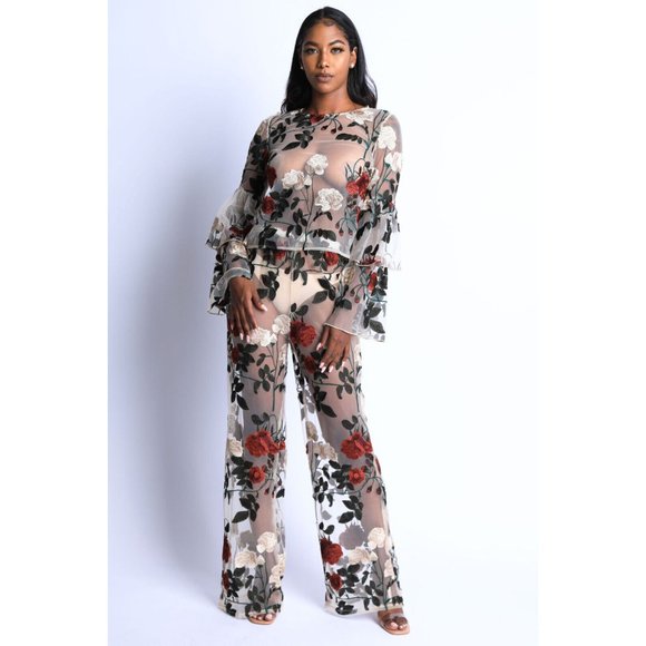 Boutique Pants - Women's Rose embroidered Outfit Casual Set Flared Long Sleeve 2 Piece Set